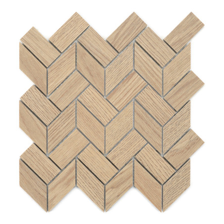 Los azulejos de madera forman un patrón en espiga que se entrelaza diagonalmente con tonos beige y marrón, creando un diseño geo