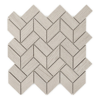 Les carreaux imitant le bois gris clair forment un motif en zigzag, créant un motif en chevron. Les carreaux s'emboîtent étroite