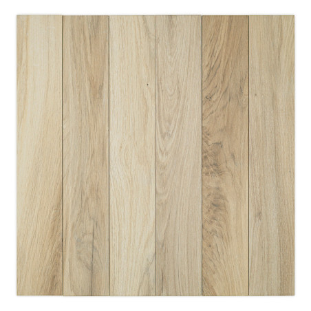 Seis tablones de madera, dispuestos verticalmente, muestran patrones de vetas naturales y varían de marrón claro a medio, creand