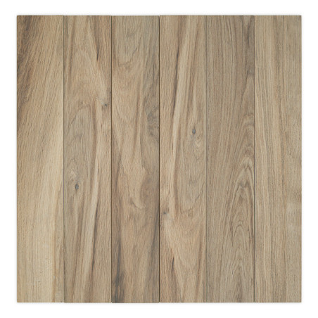 Wooden planks, aligned vertically with varying brown tones and wood grain patterns, form a seamless square tile. The setting is 