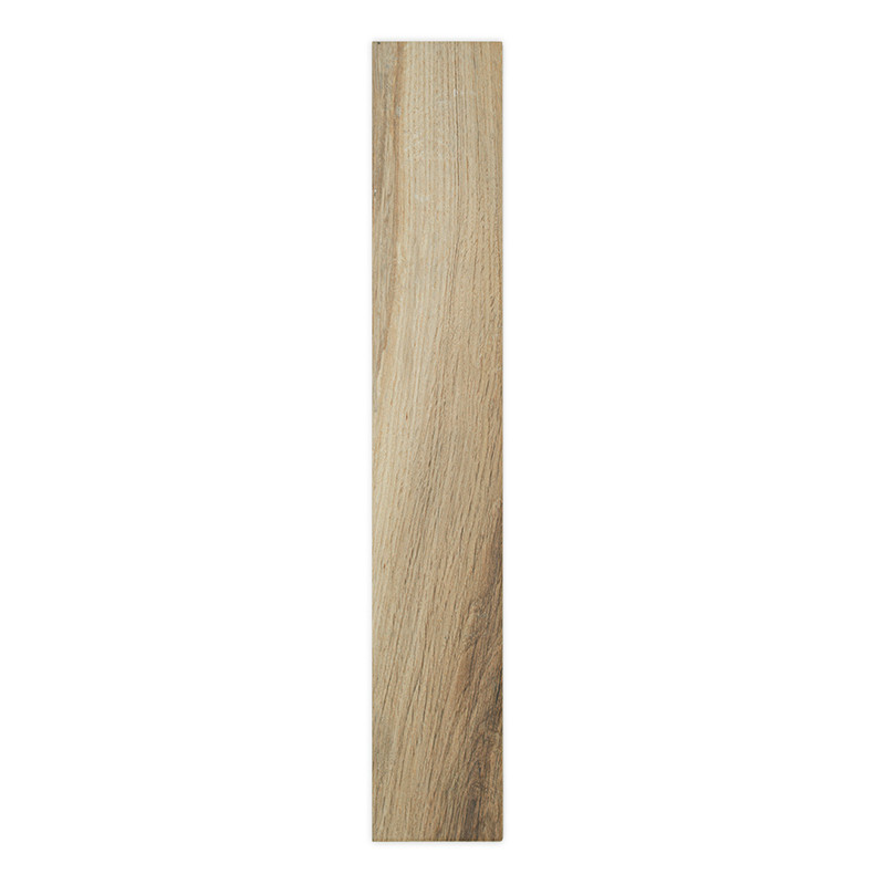 A rectangular tile displays a smooth, wood-like grain pattern, with varying shades of light to dark brown, set against a plain b