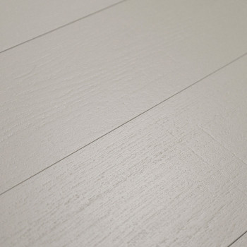 Wood-textured tiles lie flat, simulating a smooth wooden floor. The light gray, grainy surface enhances a minimalistic room aest