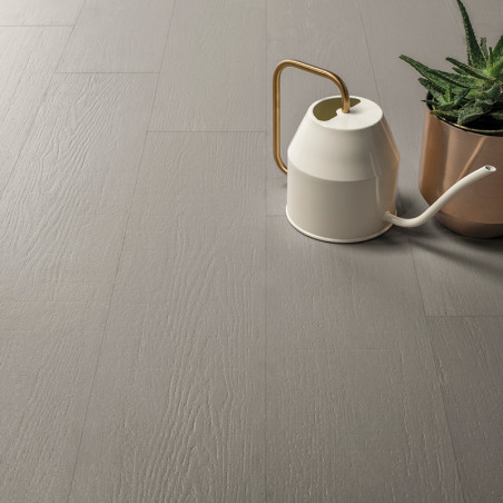 En el suelo hay un azulejo gris claro con textura de madera, acompañado de una regadera blanca con mango dorado junto a una sucu