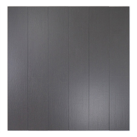 O ladrilho cinza é composto por seis painéis verticais, imitando a textura dos veios da madeira, colocados lado a lado, apresent O ladrilho cinza é composto por seis painéis verticais, imitando a textura dos veios da madeira, colocados lado a lado, apresent