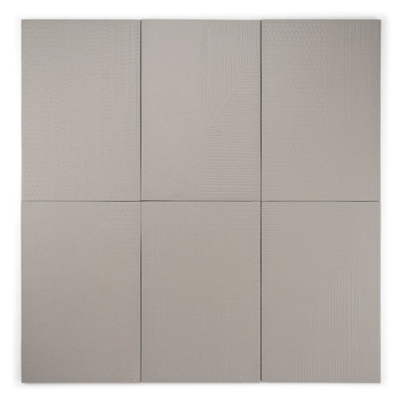 Seis azulejos grises rectangulares están dispuestos en dos filas. Cada mosaico presenta sutiles patrones lineales, creando una s