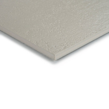 A square tile with a light gray, textured surface sits against a white background, showcasing its matte finish and chamfered edg