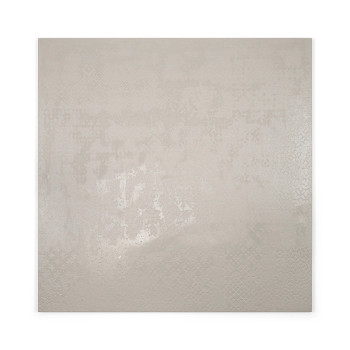 Een gladde, grote vierkante tegel reflecteert het licht op subtiele wijze en heeft een bleek, gestructureerd oppervlak met vage,