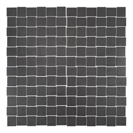 Square black tiles are arranged in a grid pattern, creating a uniform mosaic design. The tiles cover a flat, square surface.