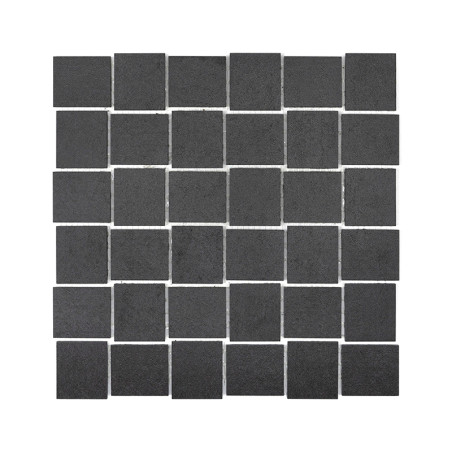 Dark gray square tiles arranged in a 6x6 grid pattern, evenly spaced, showcasing a uniform, minimalist design for flooring or wa