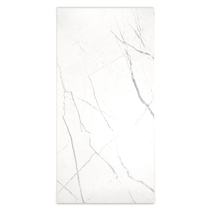 Un carreau rectangulaire présente des motifs veinés gris clair ressemblant à du marbre sur un fond blanc immaculé, au service d'