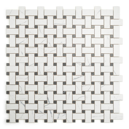 Los azulejos rectangulares blancos y grises se entrelazan para formar un patrón de canasta tejida, creando una textura geométric