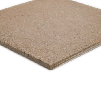 A square, beige, speckled ceramic tile rests on a white surface, showcasing its textured surface and smooth edges in a clean env