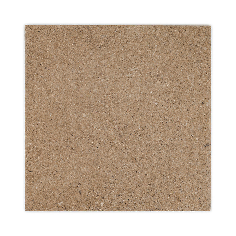 Square ceramic tile displays a smooth surface with a mottled, sandy beige texture, suggesting a natural stone appearance.