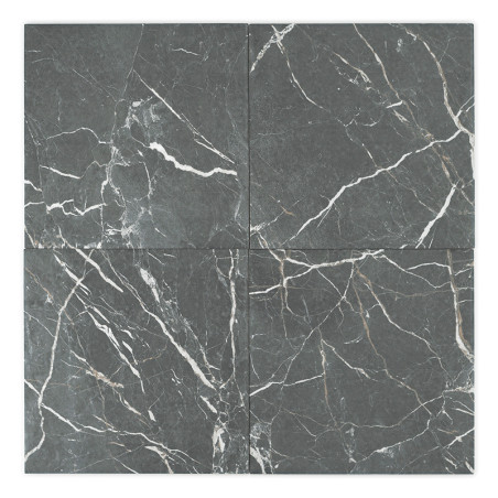 Quatre carreaux de marbre carrés vert foncé présentant des motifs veinés blancs et marron clair se croisent, formant un design c