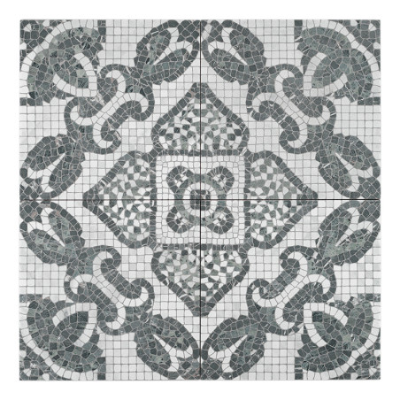 Un carreau de mosaïque présente un motif symétrique et complexe de formes imbriquées vert foncé et blanc cassé, formant un motif
