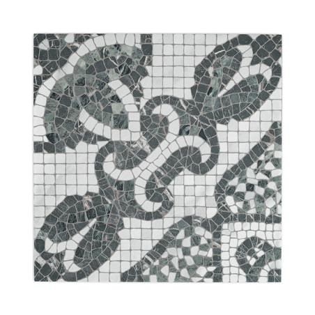 Mosaic tile features intricate green and white interlocking floral patterns on a square grid, creating a vintage, ornamental des