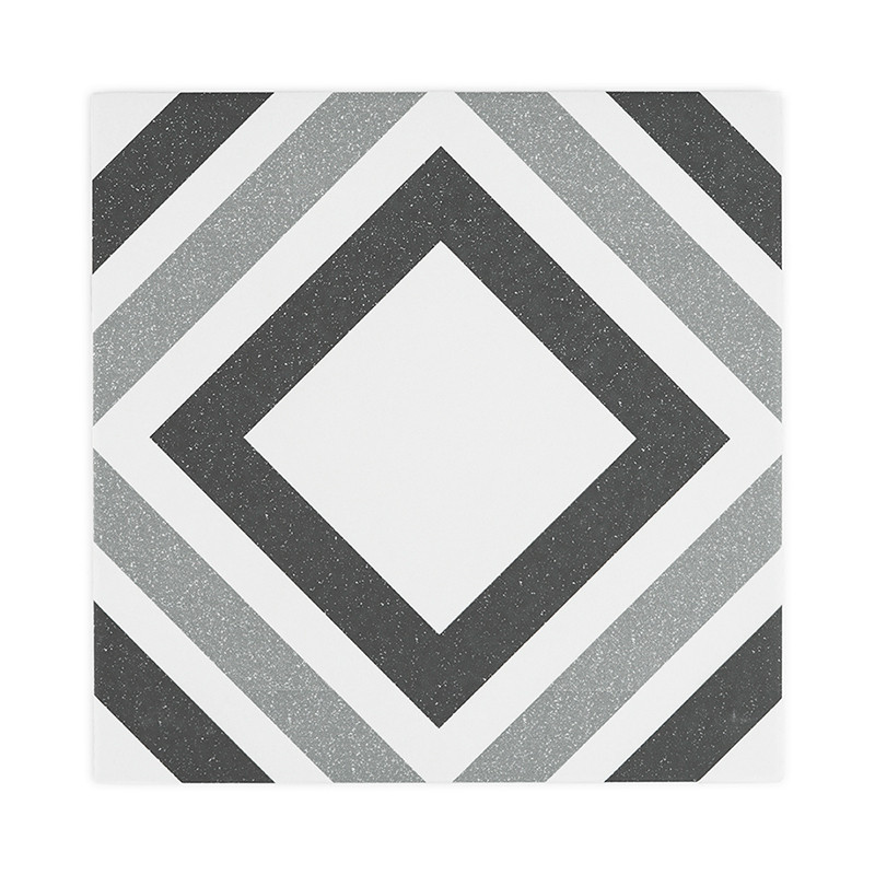 Um ladrilho quadrado apresenta padrões de diamante concêntricos em linhas pretas e cinza com fundo branco, criando um desenho ge