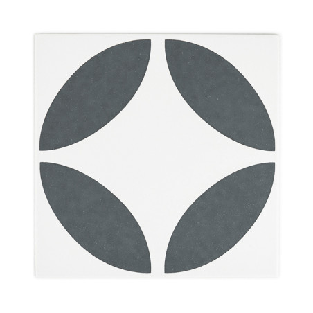 Um ladrilho quadrado apresenta quatro formas ovais cinza escuro, posicionadas simetricamente para formar um padrão em forma de c