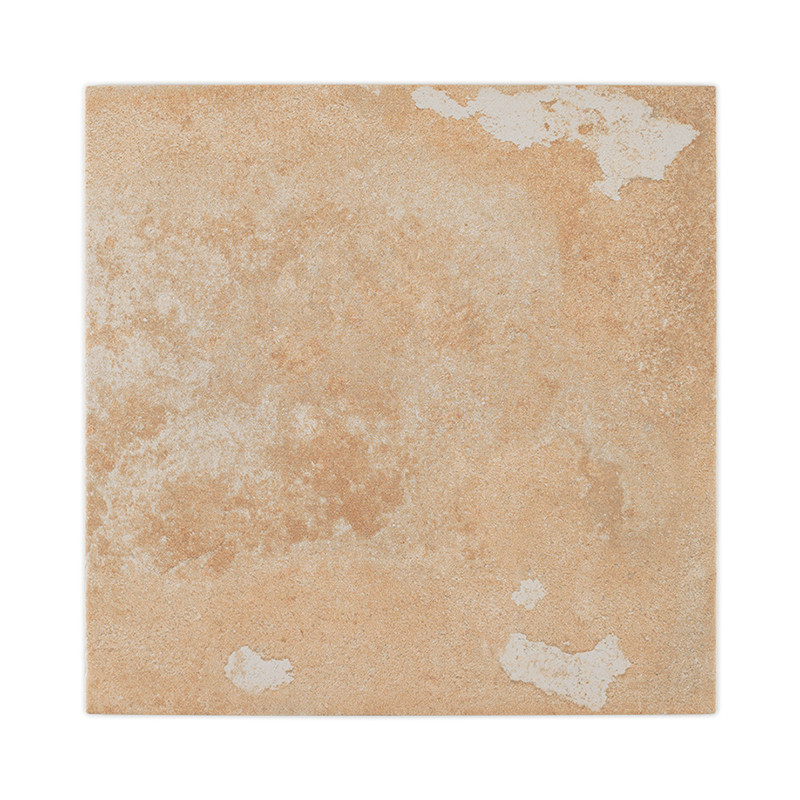 A beige ceramic tile exhibits a weathered appearance, featuring white patches and speckles across its surface, suggesting a rust