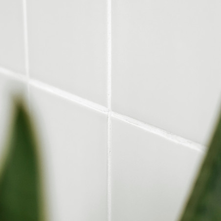 Les carreaux de céramique blanche forment un motif en grille. des feuilles vertes floues obscurcissent partiellement le premier 