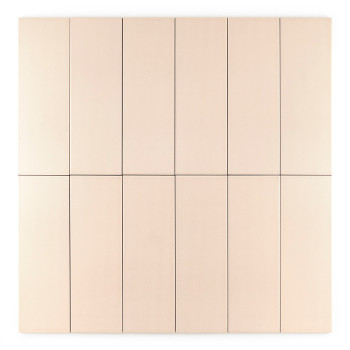 Un carreau rectangulaire de couleur pêche clair se dresse verticalement sur un fond blanc uni, affichant une surface lisse et no