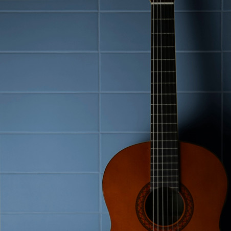 Een klassieke gitaar staat rechtop tegen een achtergrond van blauwe vierkante tegels en werpt een zachte schaduw op de muur.