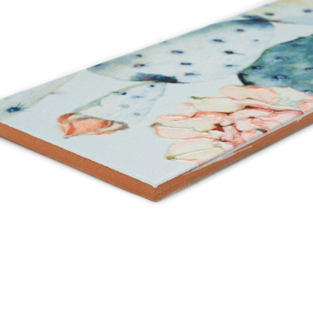 Um ladrilho cerâmico retangular exibe ilustrações de cactos em estilo aquarela com tons suaves de verde e rosa, vistos de um âng