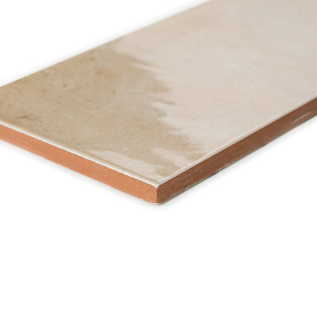 Eine rechteckige Keramikfliese mit glatter, glänzender beiger Oberfläche liegt auf einem weißen Hintergrund und betont den rotbr