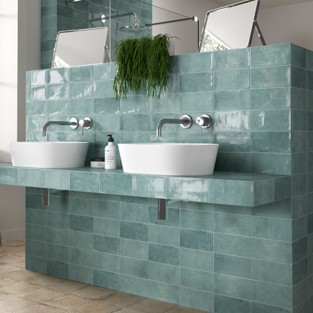 Les éviers blancs reposent sur un comptoir carrelé sarcelle, avec des robinets au-dessus. Des miroirs et une plante ornent la cl