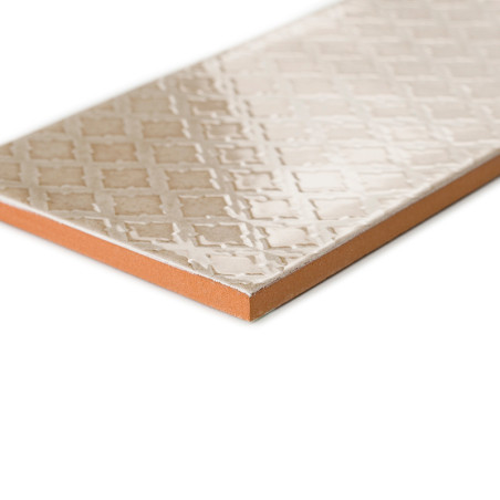 Um ladrilho cerâmico retangular, exibindo padrões geométricos em relevo, repousa sobre um fundo branco, destacando sua superfíci