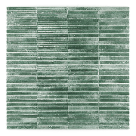 Ladrilhos retangulares verdes dispostos em padrão de grade, apresentando sutis estrias horizontais. Os ladrilhos criam um efeito Ladrilhos retangulares verdes dispostos em padrão de grade, apresentando sutis estrias horizontais. Os ladrilhos criam um efeito