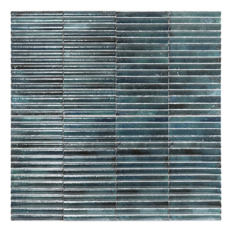 Rectangular ceramic tiles, arranged horizontally, display varying shades of blue and green with a glossy texture, forming a mosa