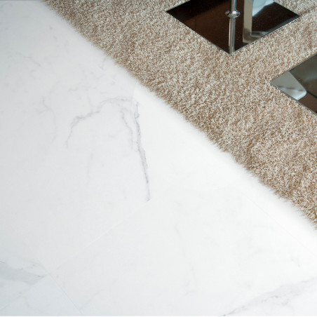 Marble-like floor tiles contrast with a textured, beige carpet. A mirrored surface with metal legs partly reflects the surroundi