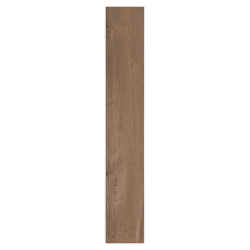 Rectangular wooden tile, vertically oriented, displays natural wood grain patterns in a medium brown shade, set against a plain 