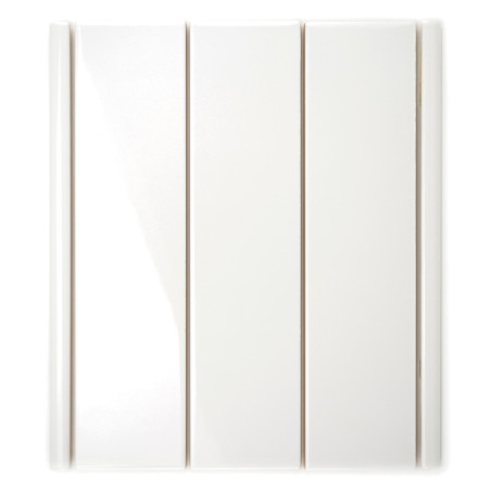 Cuatro azulejos verticales de color blanco brillante están alineados uno al lado del otro, separados por finas ranuras, sobre un Cuatro azulejos verticales de color blanco brillante están alineados uno al lado del otro, separados por finas ranuras, sobre un