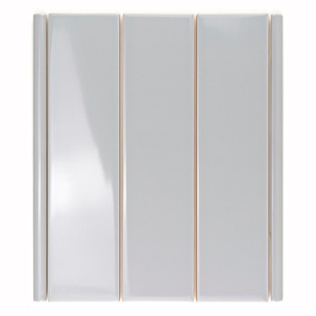 Een lange, smalle witte tegel rust verticaal, met gladde randen, tegen een effen witte achtergrond.