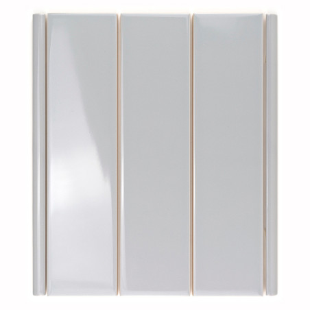 Trois carreaux blancs rectangulaires brillants alignés verticalement avec des espaces étroits entre eux, placés sur un fond uni.