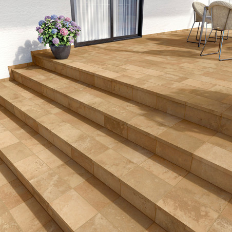 Une série de carreaux en terre cuite beige recouvre un patio et des marches. Une plante en pot se trouve à côté des portes vitré