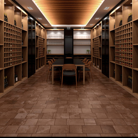 Tile pattern forms the floor of a wine cellar, with bottles stored in wooden racks along the sides, a table in the center, and s Tile pattern forms the floor of a wine cellar, with bottles stored in wooden racks along the sides, a table in the center, and s