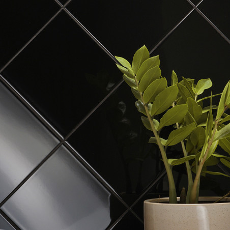 Los azulejos negros brillantes forman un patrón diagonal en una pared, resaltando su elegante superficie. Cerca hay una planta e