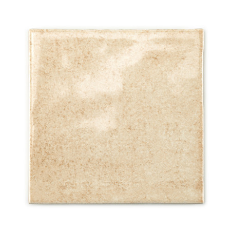 A square, beige ceramic tile with a slightly glossy surface sits against a white background, appearing smooth and uniform.