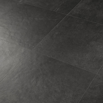 Dark gray square tiles lie flat, forming a smooth surface. Subtle texture and faint marbling add depth to the sleek floor design