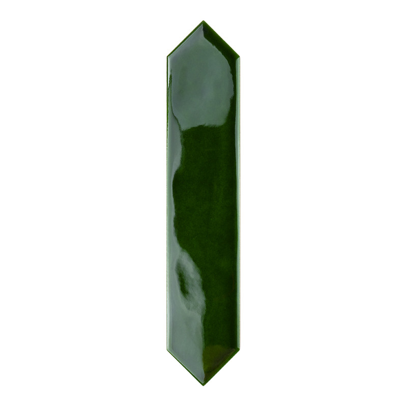 A glossy, dark green, elongated hexagonal tile with pointed ends sits against a white background, reflecting light smoothly acro