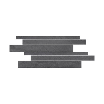 Les carreaux rectangulaires gris et allongés sont empilés horizontalement en quinconce, créant un design contemporain en couches