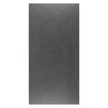 Un carreau de pierre rectangulaire gris foncé présente des veines subtiles et naturelles. Il repose sur un fond blanc uni, metta