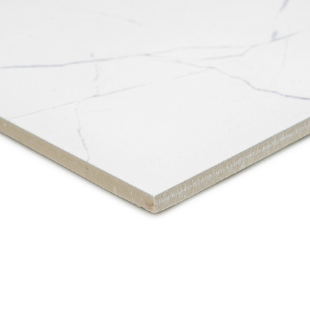A square white tile with subtle grey veining sits on a plain background, showcasing its smooth surface and beveled edge.