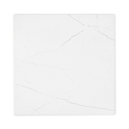 A square, white ceramic tile features subtle, dark gray veining, resembling marble. It lies flat against a plain, white backgrou