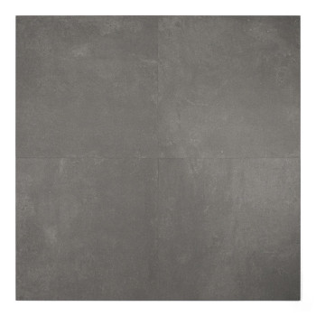 Le carreau carré gris, lisse et légèrement texturé, repose sur un fond blanc uni, suggérant un décor de design moderne et minima