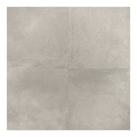 Um revestimento cerâmico cinza claro apresenta manchas e variações sutis, formando um padrão quadrado minimalista adequado para 
