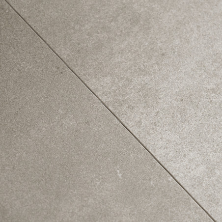 Un carreau rectangulaire gris clair repose à plat, présentant une surface lisse et légèrement texturée avec une ligne de démarca